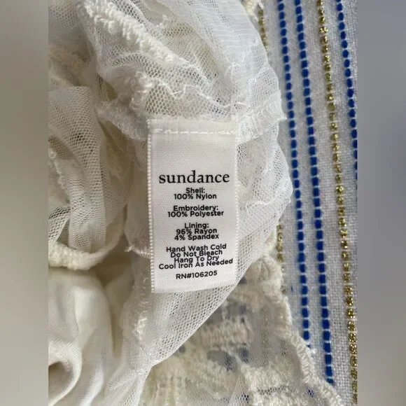 Sundance Embroidered Beige Short Sleeve Lace Mesh Blouse Sz M  Boho Lined - Picture 13 of 15